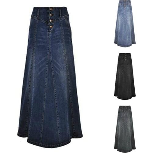 Denim Skirt Women Floor-Length Dress Spring Autumn Plus Size Female Long Sewing Thread Single Breasted Loose Casual Jeans Skirts