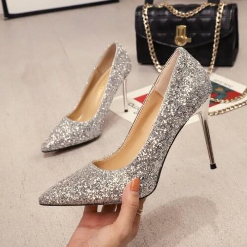 Shoes Woman 2021 5-9CM Wedding Crystal Shoes Bridal Sequined Womens French High Heel Pointed Fine with Sexy Gold Silver Pink