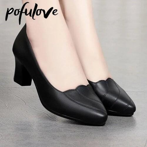 Pofulove Women Mid Square Heel Shoes Pumps Black PU Office Lady Shoes Spring Non Slip Fashion Mother Oxford Shoe Zapatos Mujer
