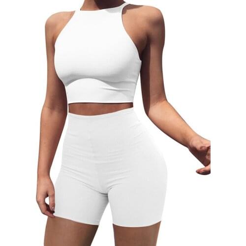 Womens Round Neck Sleeveless Suit Summer Cool Slim Two-piece Yoga Suit Sexy Solid Sport Running Tight Sportwear