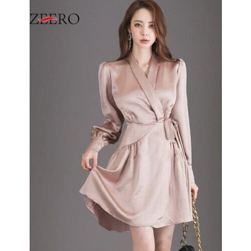Korean Spring Autumn Female Pink Satin Pleated Dress Long Lantern Buttons Sleeve V-Neck Cardigan Belt A-Line Dresses for Women