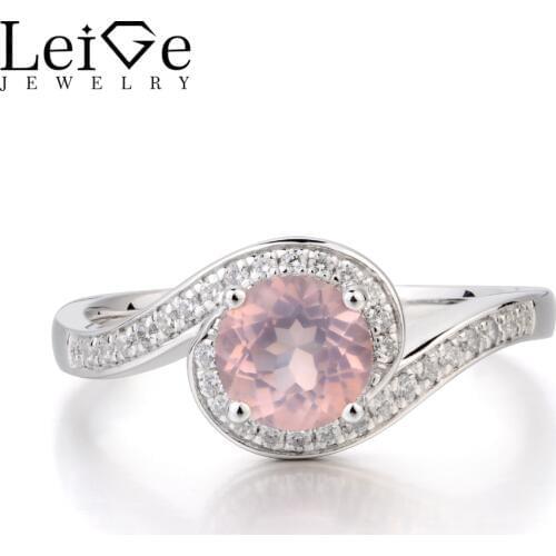 Leige Jewelry Wedding Ring Natural Pink Quartz Ring Round Cut Pink Gemstone Genuine 925 Sterling Silver Ring Gifts for Women