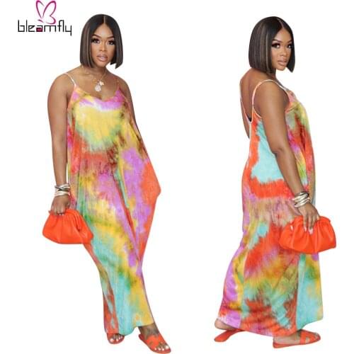 2021 Women Summer Beach Dress Tie Dye Print Plus Size 4XL Sleeveless Strap Long Maxi Loose Backless Dresses Robe Longue Femme