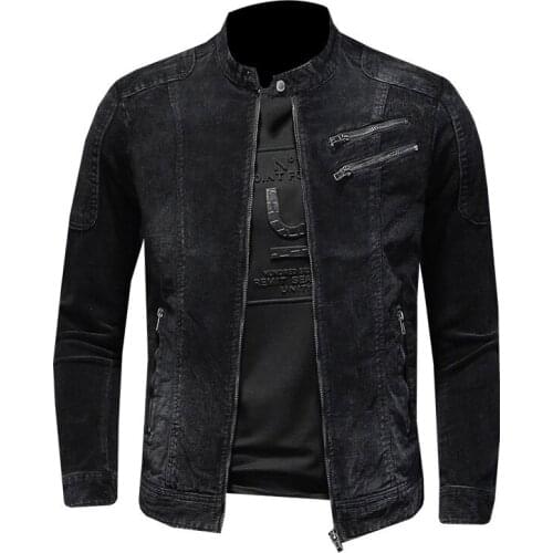 2021 Corduroy Jeans Jacket Men Denim Coat Bomber Motorcycle Stand Collar Long Sleeve Slim Street Black Cowboy Outwear Clothing