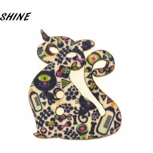 Wooden Sewing Buttons Scrapbooking Cat Colorful Mixed Two Holes Cartoon 28 x 24mm 12PCs Costura Botones Decorate bottoni botoes