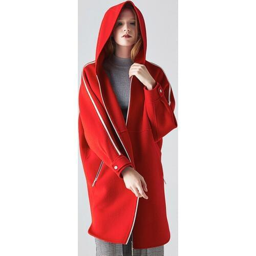Long woolen blends cashmere coats for women 2019 autumn winter casual ladies jackets plus size overcoat red striped hooded