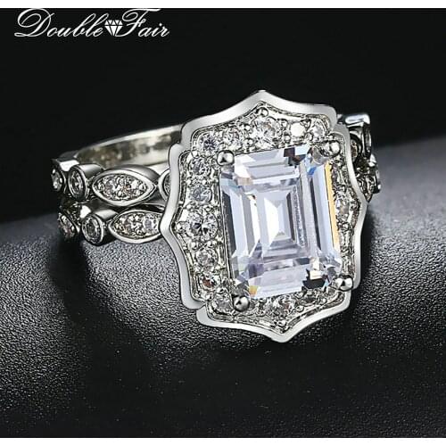 Double Fair Luxury Rectangular Crystal Zirconia Ring Set For Women Wedding Engagement White Gold Jewelry Ring HotSale YG076