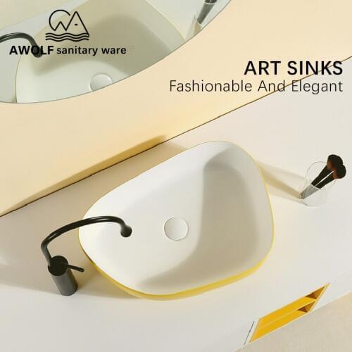 Art Bathroom Sinks Handmade Ceramic Vessel Irregular Washing Basin Bowl Bright Yellow White Above Counter Lavatary Sink AM896