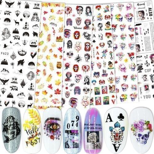 3D Sticker For Nail Art Clown Skull Slider on Nails Movie Poster style Adhesive Letter Leaf Decal Manicure Decorations