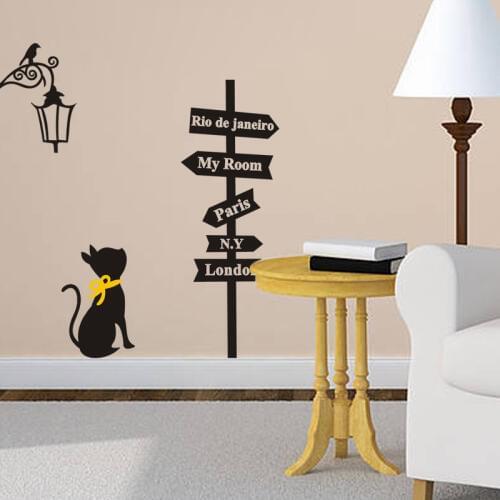 Cat Road Sign Street Light Wall Stickers For Kids Room Living Room Home Decor Art Decal Peel & Sticker Vinyl DIY Mural Removable
