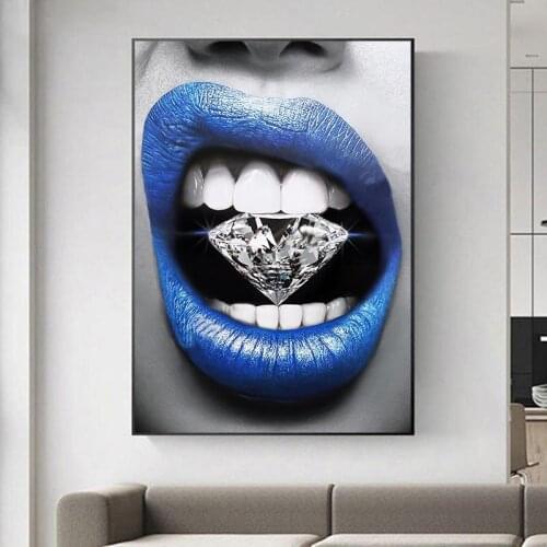 Wall Art Poster Print Blue Mouth with Diamonds and Canvas Painting Art Picture As A Girl Room Bedroom Decoration Frameless