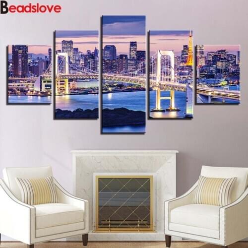 New arrival Diy 5D Diamond Painting 5 Pieces Rainbow Bridge Tokyo Night Handwork Resin stone Square Full Diamond Embroidery