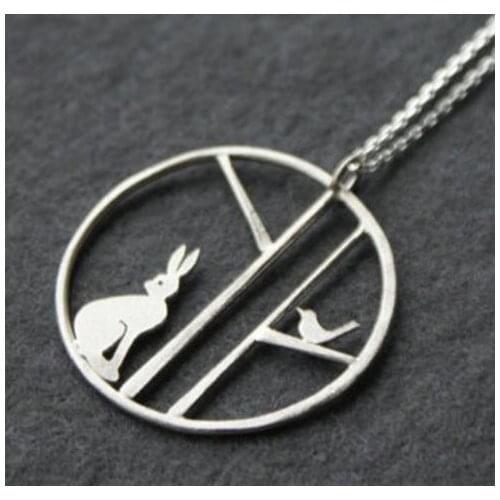 Stainless steel Edge of the woods hare and bird necklace Animal lovers jewelry gift fpr her