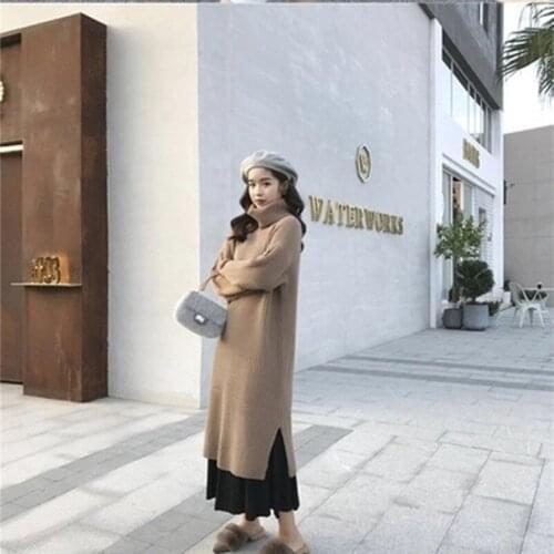 YAMDI turtleneck sweater dress women jumper dress midi woman loose over knee warm knitted sweater female woman winter vintage