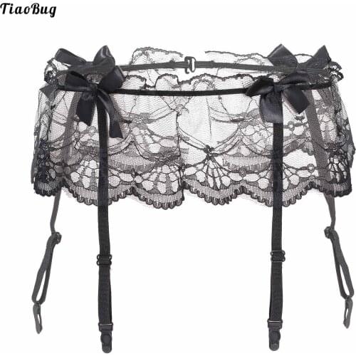 TiaoBug Men Bowknot Decor Sheer Lace Garters Belt See-Through Suspenders Underwear Sissy Nightwear Role Play Costume Accessories