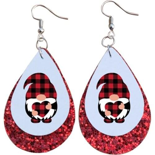 Valentines Gnome With Love Heart Color Faux Leather Earrings Two LayerGlitter Printed Valentine Day Earrings Gifts