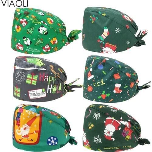 Cartoon Christmas print Pet grooming Work Hat Unisex Health service Work Cap Elastic 100% Cotton Scrubs Hat with Sweat-absorbent