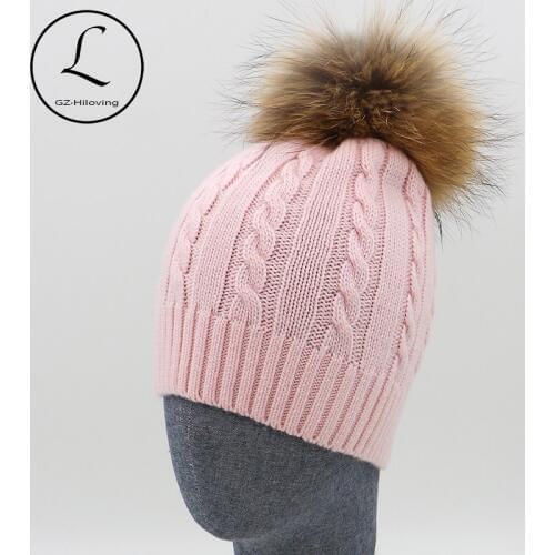 100% Wool Knitted Hats Fashion Womens Pink Beanies Cap Real Fur Pom Pom Autumn Winter Hat Man And Woman Girl Gorros 16523H1