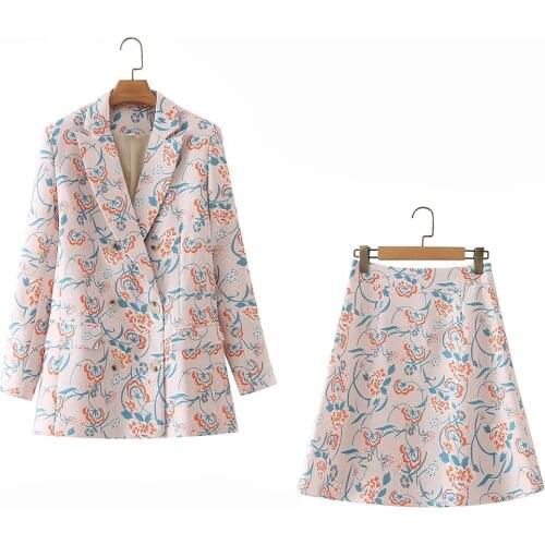 Xikom 2021 Women Two-piece Set Flower Print Vintage Office Lady Double Breasted Blazer Female Slim High Waist Skirt Suits