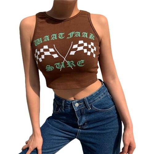 Xingqing Women’s Shirt Round Neck Knitted Vest Fashion Racing Flag Pattern Exposed Navel Sleeveless Tops Tanks Tees