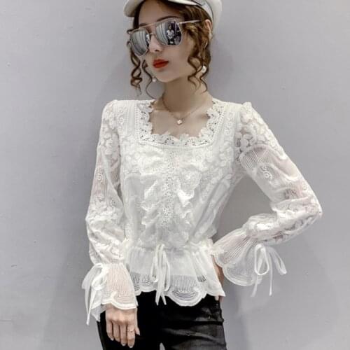 #6656 White Beige Chiffon Blouse Women Square Collar Ruffles Sexy Casual Vintage Blouse Femme Flare Sleeves Thin Ladies Tops