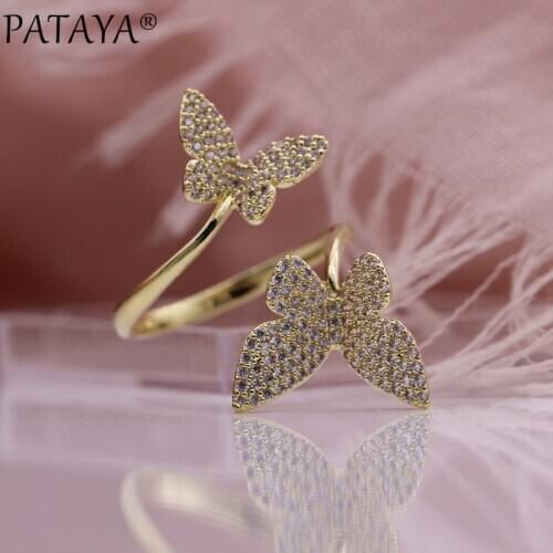 PATAYA New Double Butterfly Open Up Women Rings 585 Rose Gold Fashion Jewelry White Natural Zircon Adjustable Cute Animal Rings