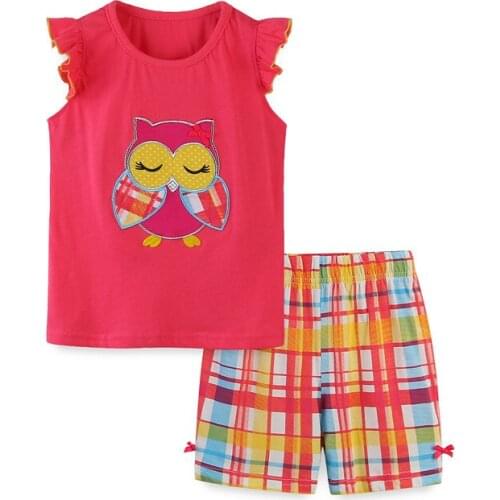 Summer Animals Owl Embroidery Fashion Childrens Clothing Sets Cute Girls 2 Pcs Suit Toddler Outfits
