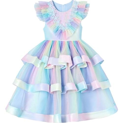 3-12Yrs Children Girls Rainbow Sundress Soft Kids Girls 3-Layers Tutu Sundress Summer Infant Kids Tutu Clothing Outfits