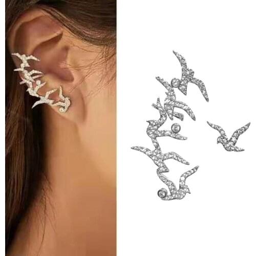 AAA+ Quality Fashion Full Pave Top Zircon Asymmetry Swallow Cute Ear Cuff Clip Silver Earrings For Women INS Jewelry