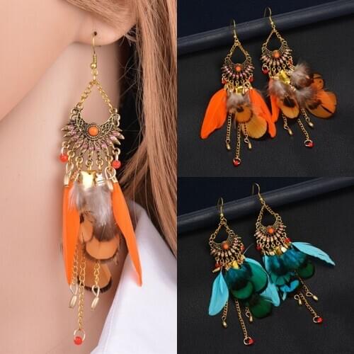 Bohemian Blue Orange Butterfly Bow Feather Metal Chain Tassel Drop Pendent Earrings for Women Girls Ear Jewelry 2021 New Arrival