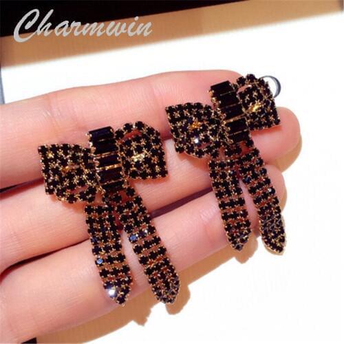 Charmwin New Dangle Earrings Long Earrings For Women Exaggerated Black Rhinestone Bowknot Tassel Earrings Fashion Jewelry PE1905