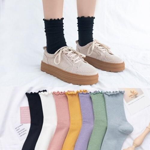 Wooden Ear Socks Female Middle Tube Japanese Pile Pile Socks Solid Color Cotton Spring Summer Socks Cute Womens Lace Socks