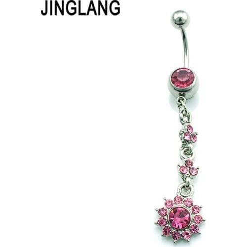 Brand New Fashion Belly Button Rings 316L Stainless Steel Dangle Pink Flower Navel Body Piercing Jewelry