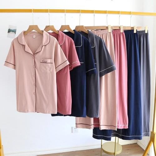 Can Worn Outside Thin Male Female Set 2 Pcs Short-sleeved Cotton Homewear Spring Summer Couple Pajamas Sleepwear Womens Suits