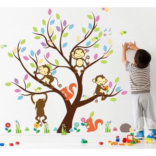 Cartoon monkey squirrel flower tree animal wall stickers for kids rooms home decor pvc decals diy mural art posters
