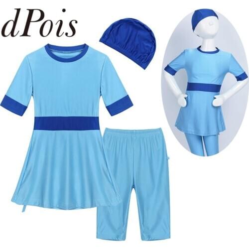 Muslim Swimwears Girls Vibrant Color Muslim Swimsuit Short Sleeve Tops with Shorts Swimming Cap Set Kids Bathing Suit Swimwear