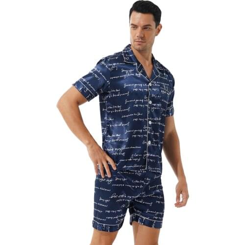 Men Summer Fashion Print Satin Pajama Set Soft Comfortable Sleepwear Underwear Loungewear Short Sleeve Shirt Tops with Shorts