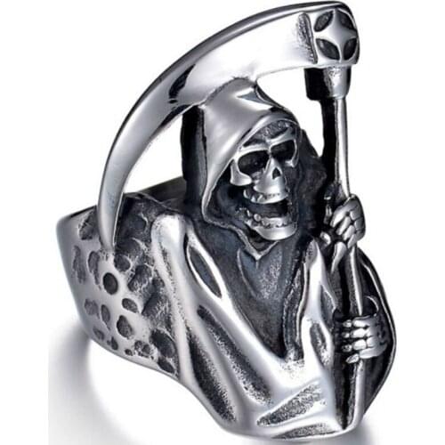 Death Sickle Skull Men Ring Skeleton Grim Reaper Gothic Biker Punk Vintage Rings for Males Halloween Gift Jewelry