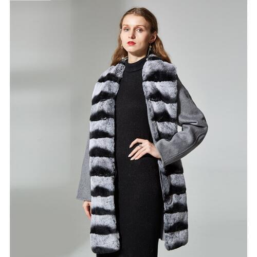 Coat Jacket Women Turn-Down Collar Natural Cashmere With Rex Rabbit Fur Trim Overcoat High Quality Customize
