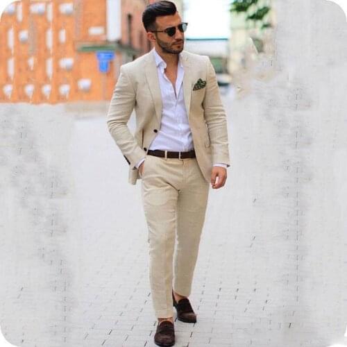Latest Coat Pant Designs Beige Linen Casual Men Suits Groom Wedding Tuxedo 2Piece Costume Homme Mariage Slim Fit Terno Masculino
