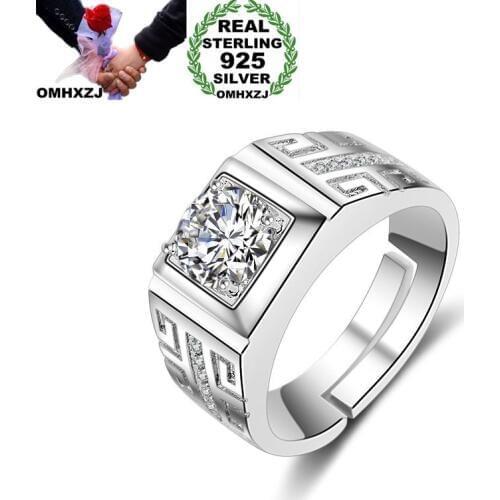 OMHXZJ Wholesale European Fashion Man Party Wedding Gift Silver White Square AAA Zircon 925 Sterling Silver Ring RR174