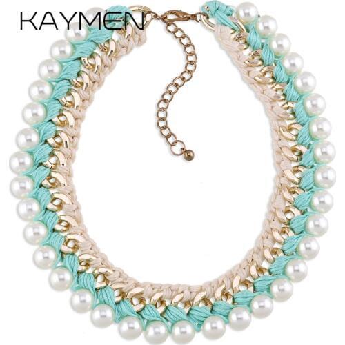 KAYMEN Handmade Weaving Imitation Pearls Chokers Necklace for Girls Golden Color Aluminium Chains Strands Necklace 2 Colors