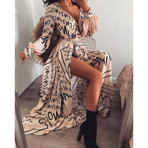 Spring Summer Womens Long Sleeve Long Maix Dress Ladies Boho V-Neck High Waist Split Dresses with Belt Femme Beach Sundress