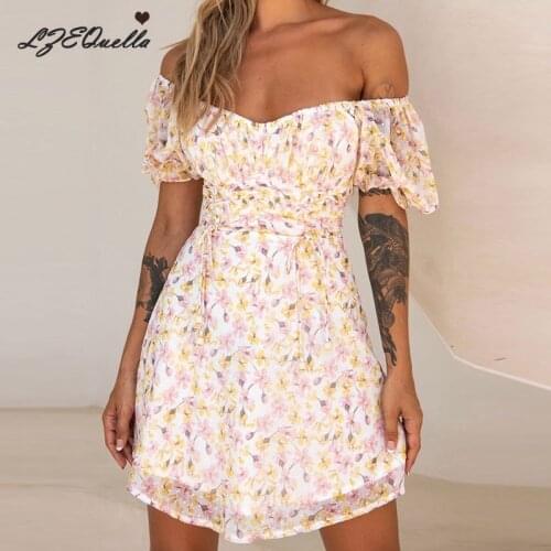 LZEQuella Women Off Shoulder A Line High Waist Dresses Floral Print Pleated Mini Dresses Vintage Summer Female Vestidos NZ3694