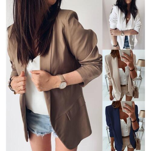 Casual Blazer Feminino Women Basic Notched Collar Solid Blazer Pockets Chic Office Ladies Retro Single Button Suit Jackets