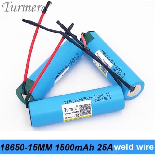 Turmera 18650 1500mAh 25A INR18650-15MM Lithium Battery Soldering Wire for 12V 14.4V 18V 21V 25V Screwdriver Drill Batteries Use