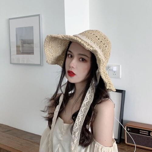 2020 Summer Fashion Ladies Big Brimmed Straw Hat Summer Sun Hat Shade Panama Style Bucket Hat Beach Hat Outdoor Girl Lace Hat