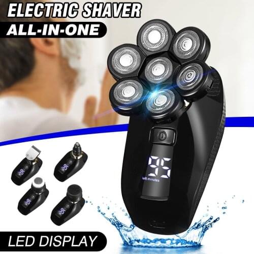5 In 1 7D Mens Rechargeable Bald Head Electric Shaver 7 Floating Heads Beard Nose Ear Hair Trimmer Razor Clipper Facial Brush