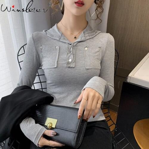Spring Fall European Clothes Solid T-Shirt Fashion Hat Collar Pockets Women Tops Bottoming Shirt Long Sleeve Tees New T17735A