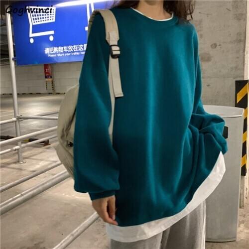 Women No Hat Hoodies Fake Two Pieces Solid Harajuku Oversize 2XL Pullover Sweatshirts Thin Korean Style Streetwear All-match Ins